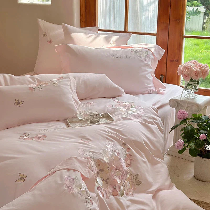 Decobites Pink Flowers Embroidery Cotton Bedding Set - Duvet Cover, Bed Sheet, Pillowcases