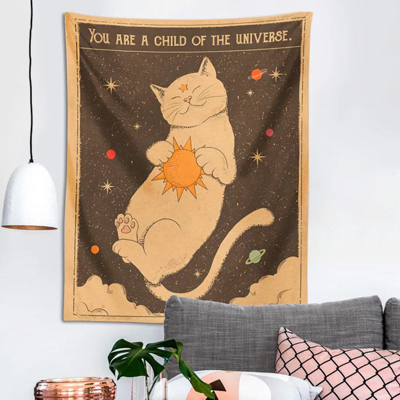 Decobites Sun Moon Tarot Cat Tapestry Wall Hanging for Boho Hippie Home Decor