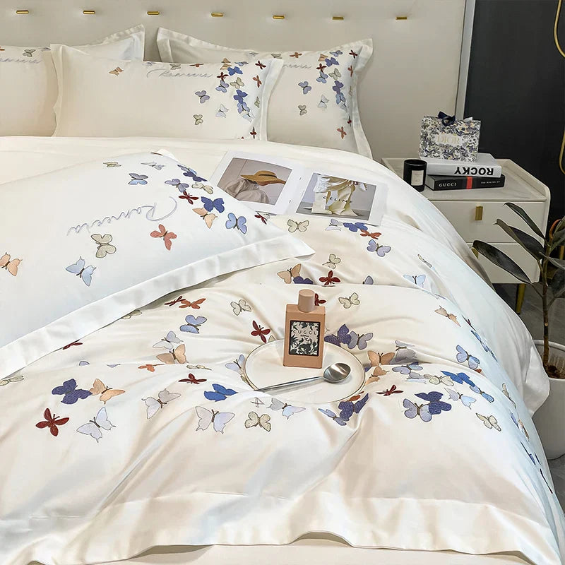 DecorBites™ Butterfly Embroidery Cotton Luxury Bedding Set - 4Pcs