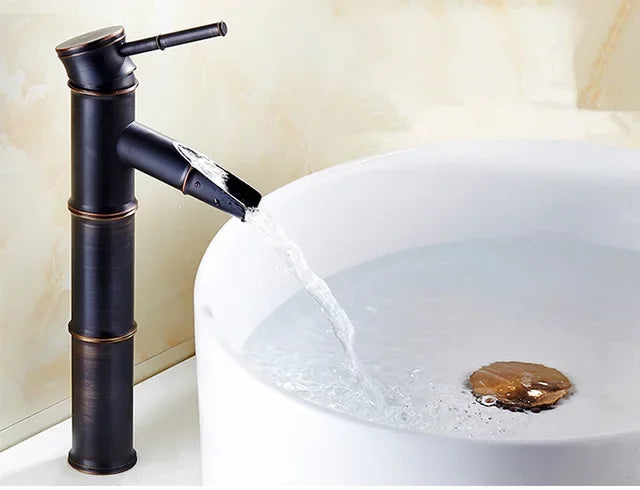DecorBites™ Black Bronze Waterfall Faucet Bamboo Bathroom Sink Tap High Arch Mixer