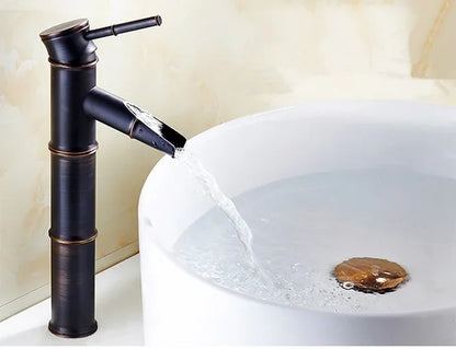 DecorBites™ Black Bronze Waterfall Faucet Bamboo Bathroom Sink Tap High Arch Mixer