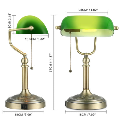 DecorBites™ Green Glass Bankers Desk Lamp with USB Charging Port and Pull Chain Switch