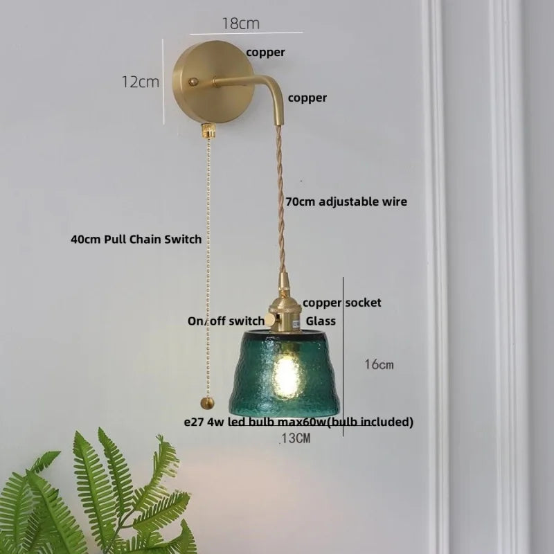 DecorBites™ Clear Glass LED Wall Lights Brass E27 Pull Chain Switch Bedside Lamp