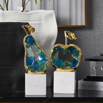 DecorBites™ Crystal Fruit Sculpture Set: Golden Apple & Pear Handicrafts for Home Decoration