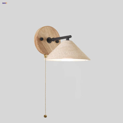 DecorBites™ LED Yellow Travertine Wall Light with Wood Pull Chain Switch and Iron Frame