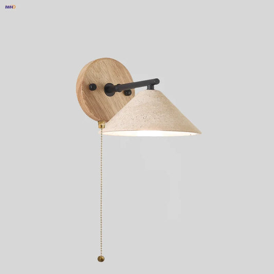 DecorBites™ LED Yellow Travertine Wall Light with Wood Pull Chain Switch and Iron Frame