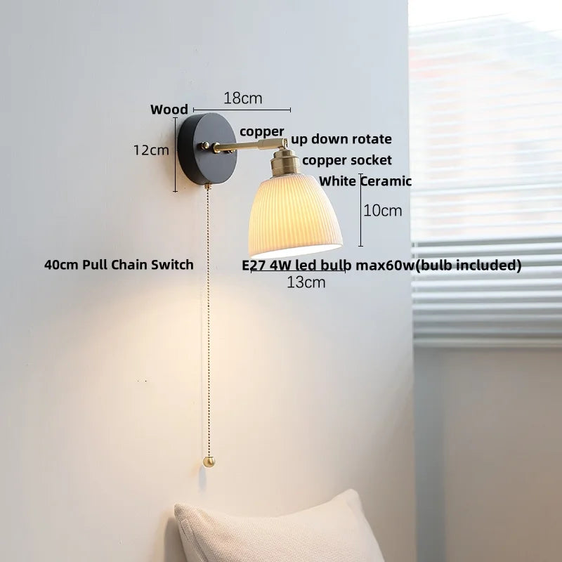 DecorBites™ Black Wood LED Wall Light with Pull Chain Switch, Rotating Japanese Style Bedside Lamp