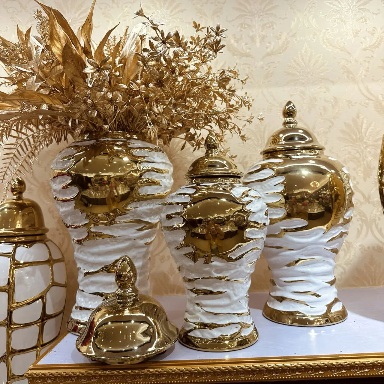 DecorBites™ Gold & White Grain Ceramic Jar: Home Decor & Storage Accessory