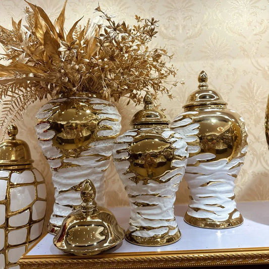 DecorBites™ Gold & White Grain Ceramic Jar: Home Decor & Storage Accessory