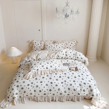 Decobites French Lace Ruffles Floral 100% Cotton Bedding Set with Duvet Cover, Sheet, Pillowcases