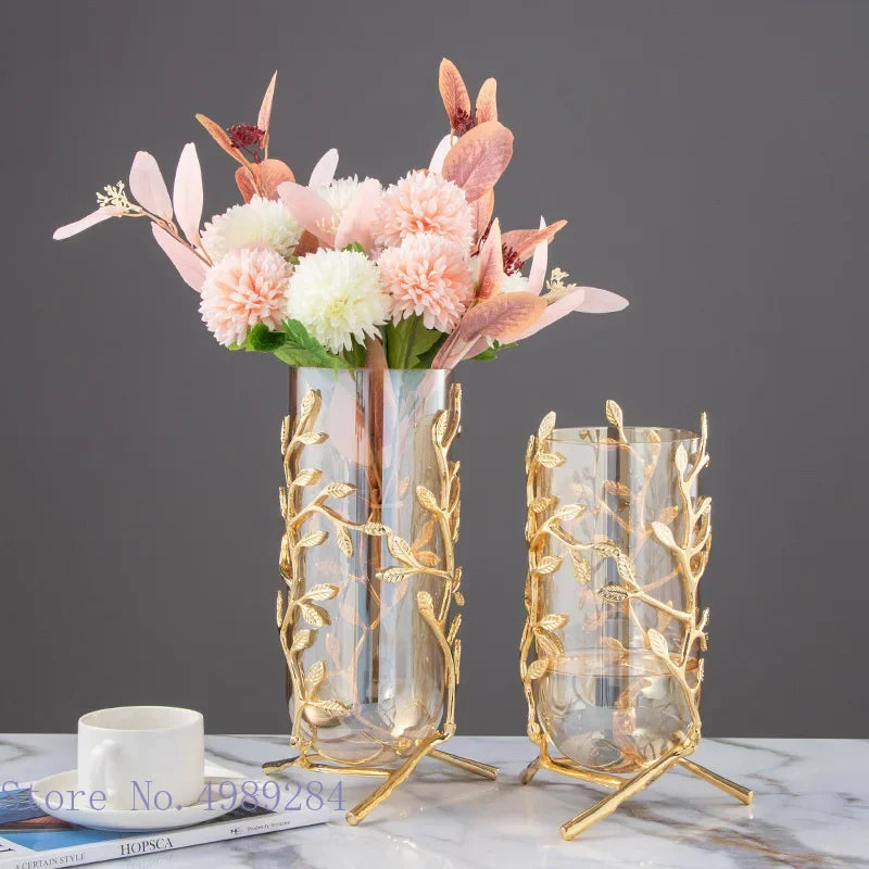 Decorbites™ Goldrahmen-Glasvase mit Rattan-Zweigen für die Heimdekoration & Blumenarrangements