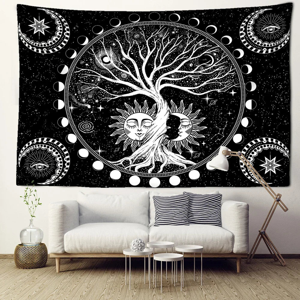 Starry Sky Sun Moon Life Tree Tapestry Decobites Wall Hanging - Boho Hippie Room Decor