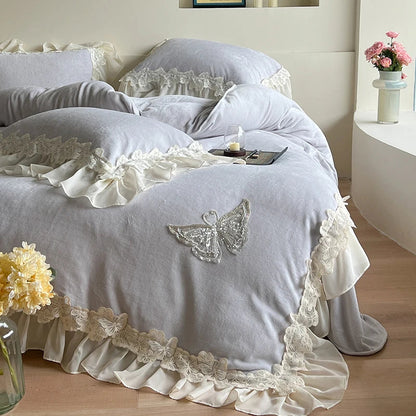 Decobites Velvet Fleece Bedding Set with Butterfly Embroidery and French Hollow Lace