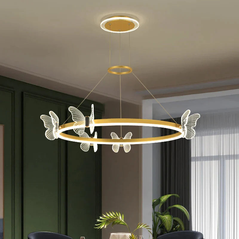 Decorbites™ Lámpara de Araña de Techo Redonda LED Mariposa Dorada para Sala de Estar y Dormitorio