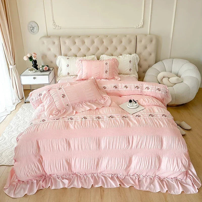 Decobites Princess Pink Lace Gauze Bedding Set Queen Duvet Cover Elegant Ruffled Comforter