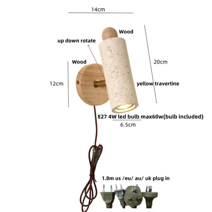 Aplique de pared LED DecorBites™ de madera de travertino amarillo, estilo nórdico moderno, con función de rotación.