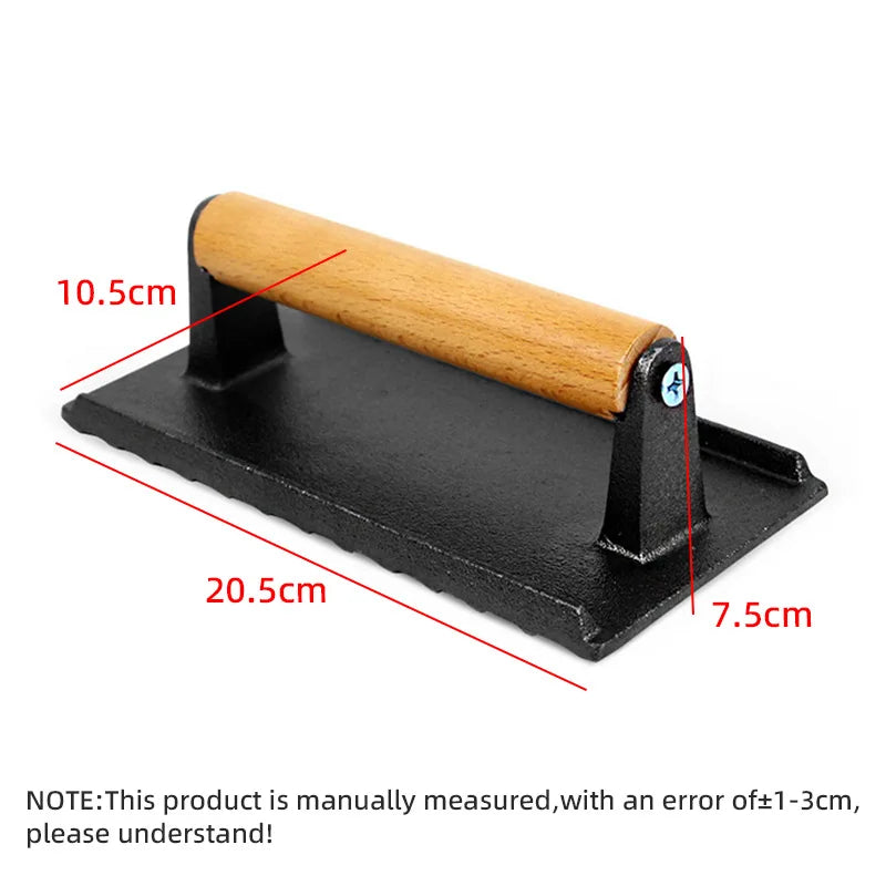 DecorBites™ Cast Iron Steak Press Plate with Wooden Handle - Rectangular Meat Press Tool