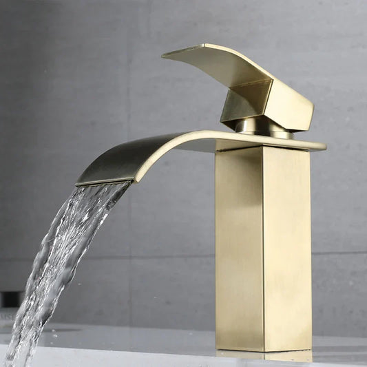 DecorBites™ Brushed Gold Stainless Steel Basin Faucet Deck Mounted Hot Cold Mixer Tap