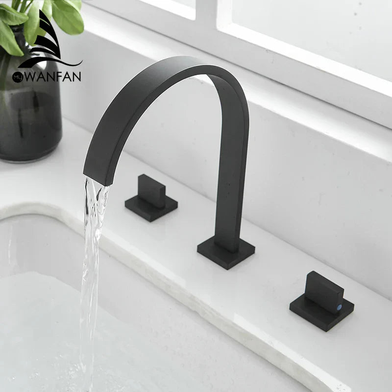 DecorBites™ Black Brass Deck Mounted Bathroom Sink Faucet Double Handle Hot/Cold Tap