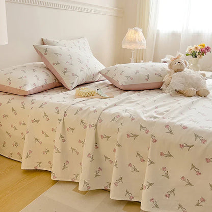 Decobites Vintage Plant Floral Cotton Flat Sheet Set with Pillowcases