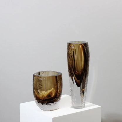 DecorBites™ Brown Glazed Glass Vase Hammer Cut Decorative Handicraft Flower Arrangement Ornaments