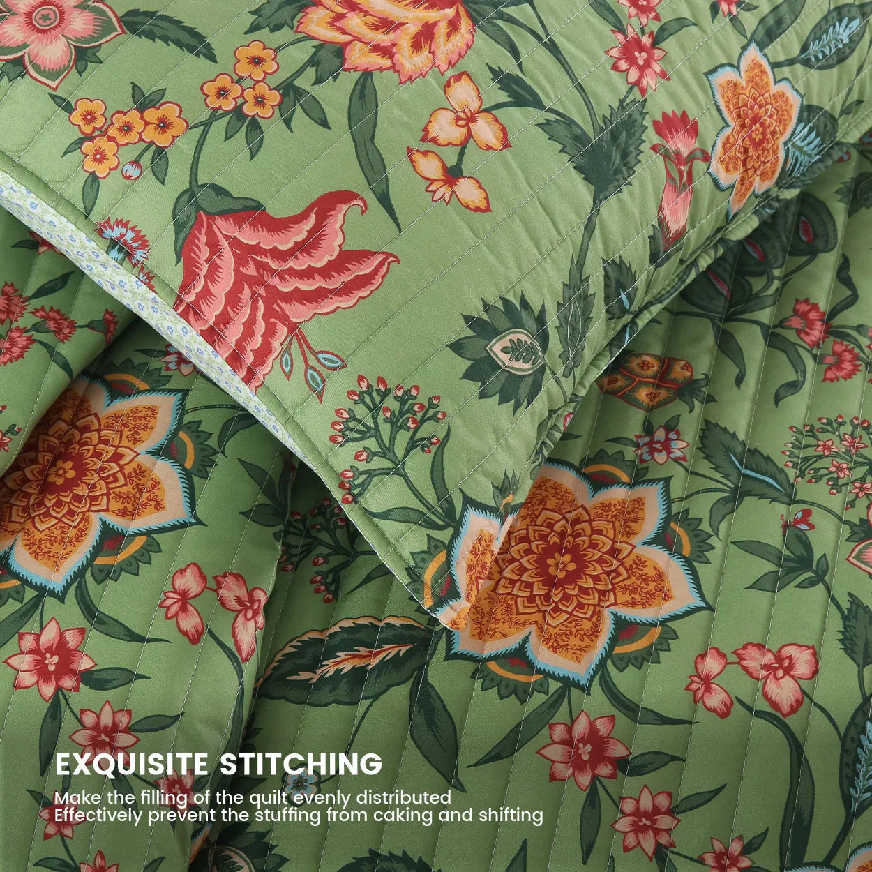 DecorBites™ Green Floral Quilt Set 3-Piece Oversized Bedding with Shams