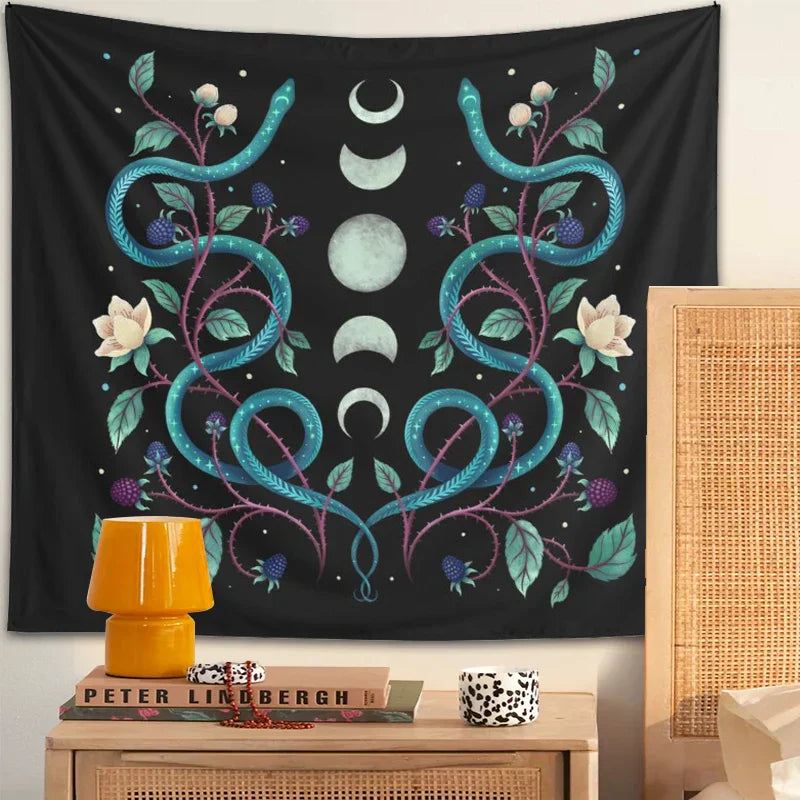 Decobites Serpent Moon Phase Tapestry: Aesthetic Psychedelic Wall Hanging for Home Decor