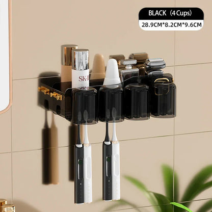 DecorBites™ Inverted Toothbrush Holder with Automatic Toothpaste Squeezer & Makeup Storage Rack