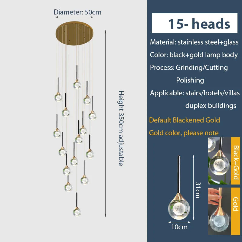 Chandelier de gotas de lluvia de cristal dorado Decorbites™ para escalera y vestíbulo