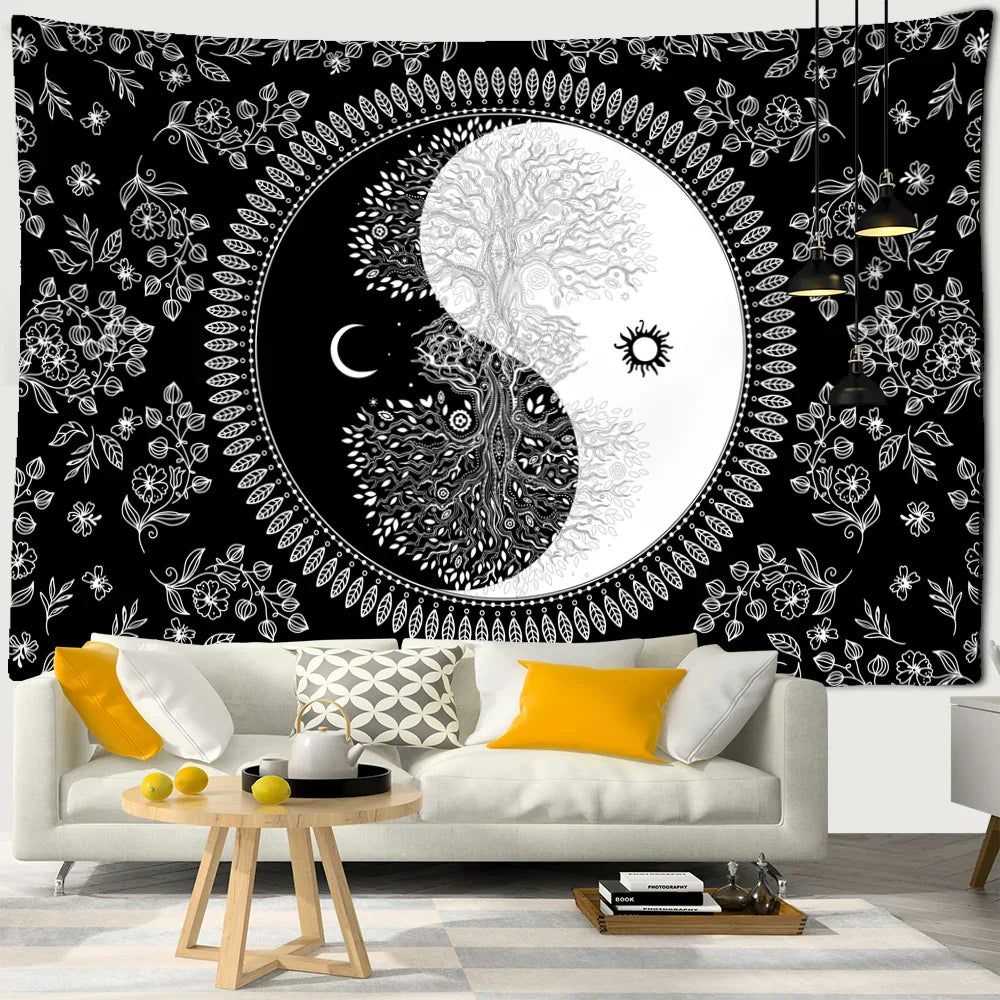 Decobites Moon Tree Life Tapestry: Kawaii Mandala Wall Hanging for Boho Room Decor