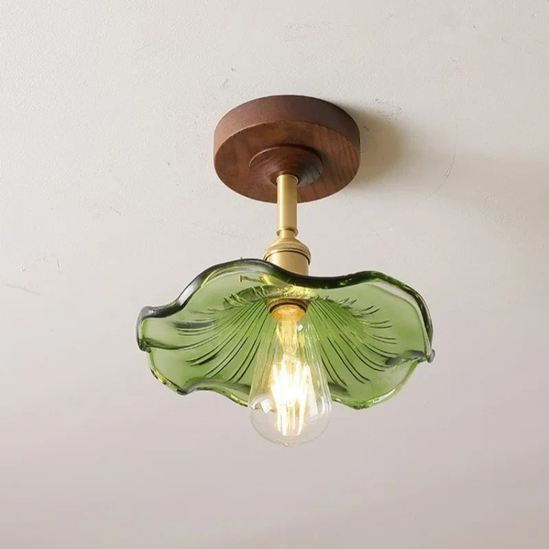 Green Glass Ceiling Lamp Copper Wood Accent