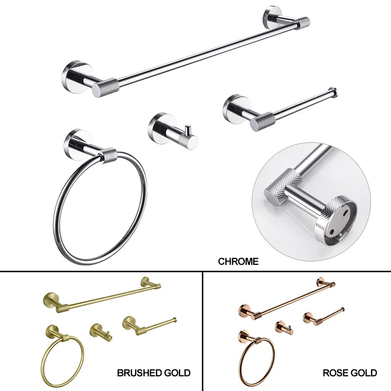 DecorBites™ Bathroom Accessories Set: Rose Gold Chrome Hook, Brushed Gold Towel Rack, Stainless Steel Toilet Paper Holder