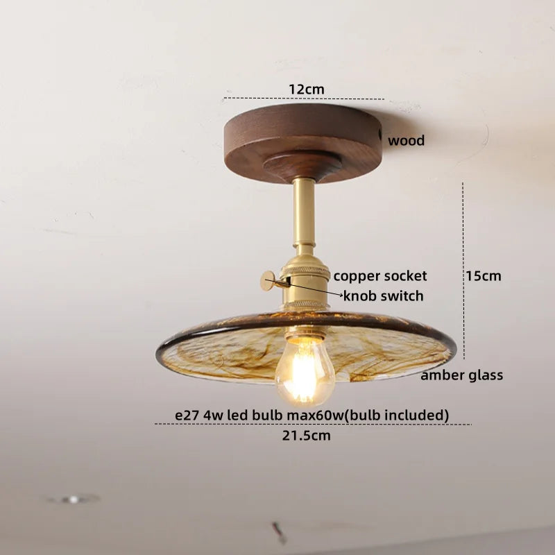Green Glass Ceiling Lamp Copper Wood Accent
