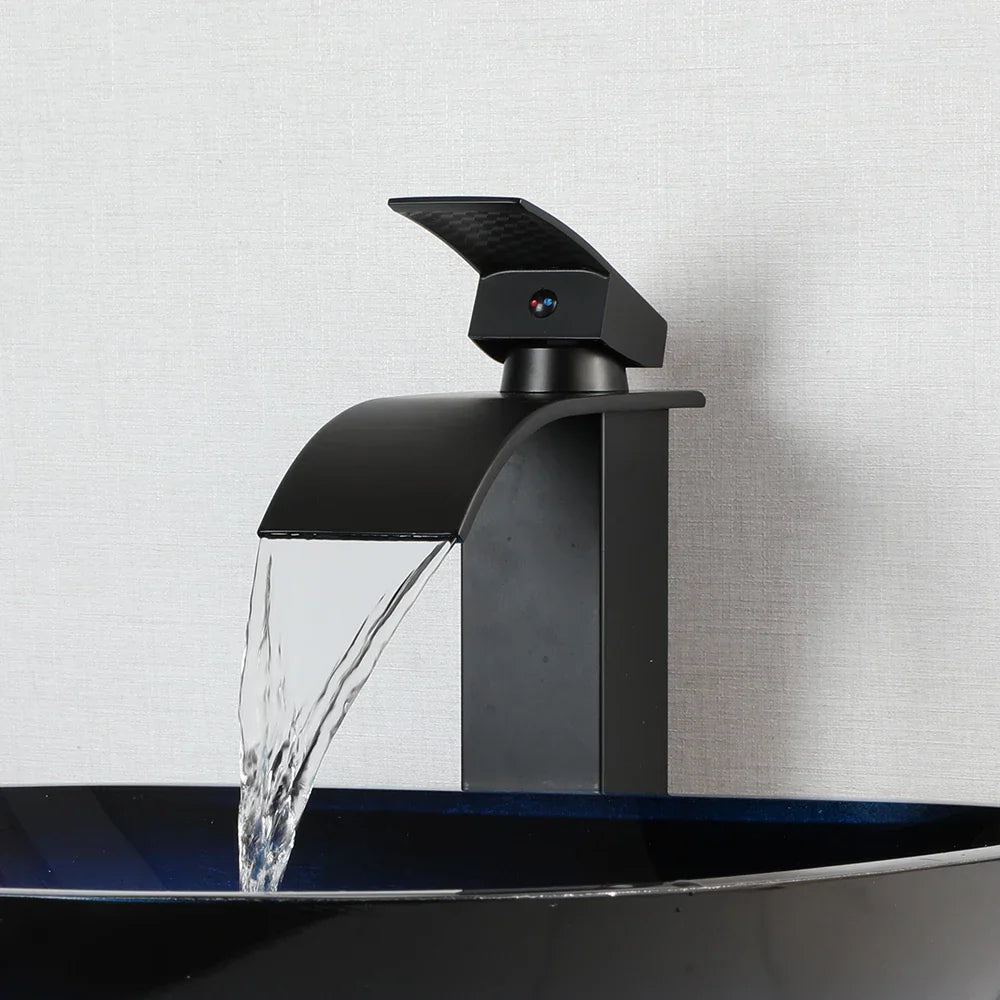 Decorbites™ Gradient Blau Glas Waschbecken Armatur-Set mit Wasserfall-Mischbatterie