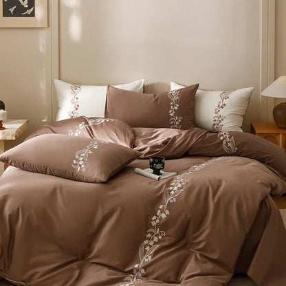 Decobites Elegant Lily of the Valley Embroidery Brown Cotton Bedding Set