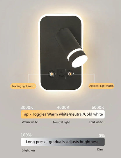 DecorBites™ LED Wall Sconce Lamp Touch Switch USB Bedside Reading Light Tri-color Diammable