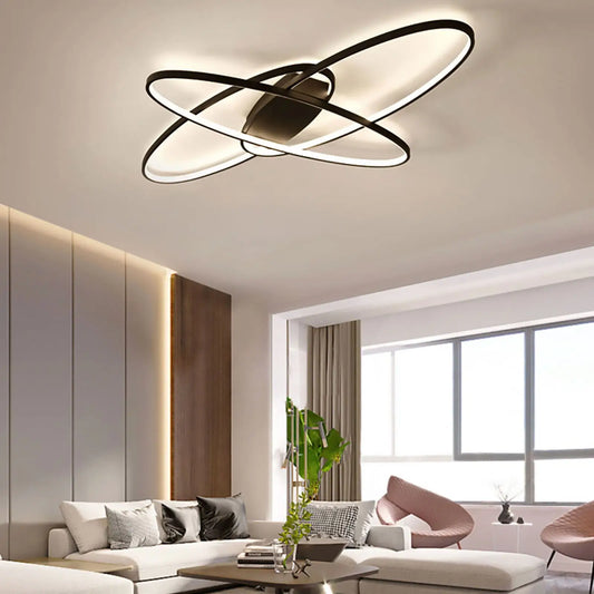 Modern Black/White 3 Staggered Long Ellipses LED Ceiling Light with Remote Control for Dining Room Bedroom