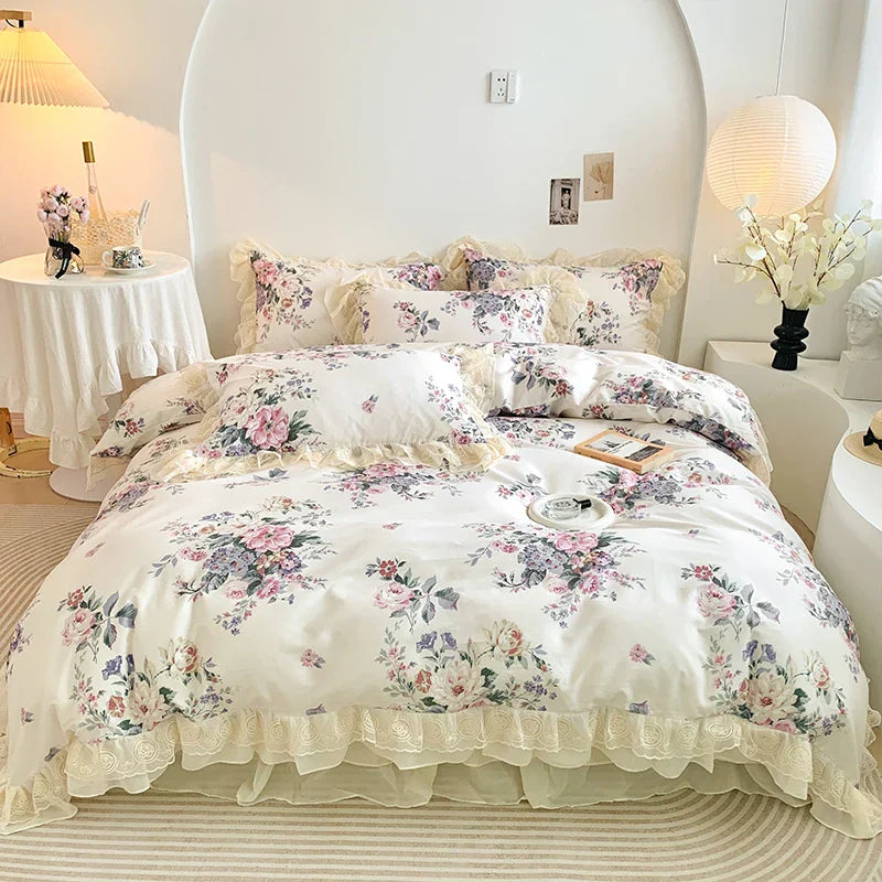 Decobites Vintage Rose Floral Double Layer Lace Ruffles 100% Cotton Bedding Set