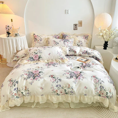 Decobites Vintage Rose Floral Double Layer Lace Ruffles 100% Cotton Bedding Set