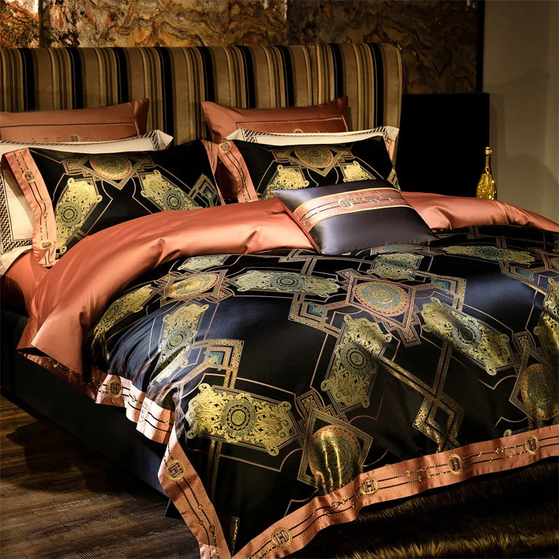 Decobites Luxury Black Gold Brocade Jacquard Cotton Bedding Set