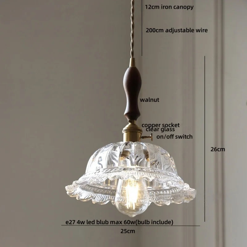 DecorBites™ LED Walnut Wood Pendant Light Clear Glass Copper Switch Decor