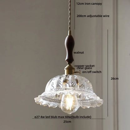 DecorBites™ LED Walnut Wood Pendant Light Clear Glass Copper Switch Decor