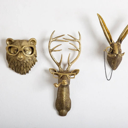 DecorBites™ Golden Deer Head Wall Hook: Antique Bronze Resin Animal Pendant for Stylish Wall Decor
