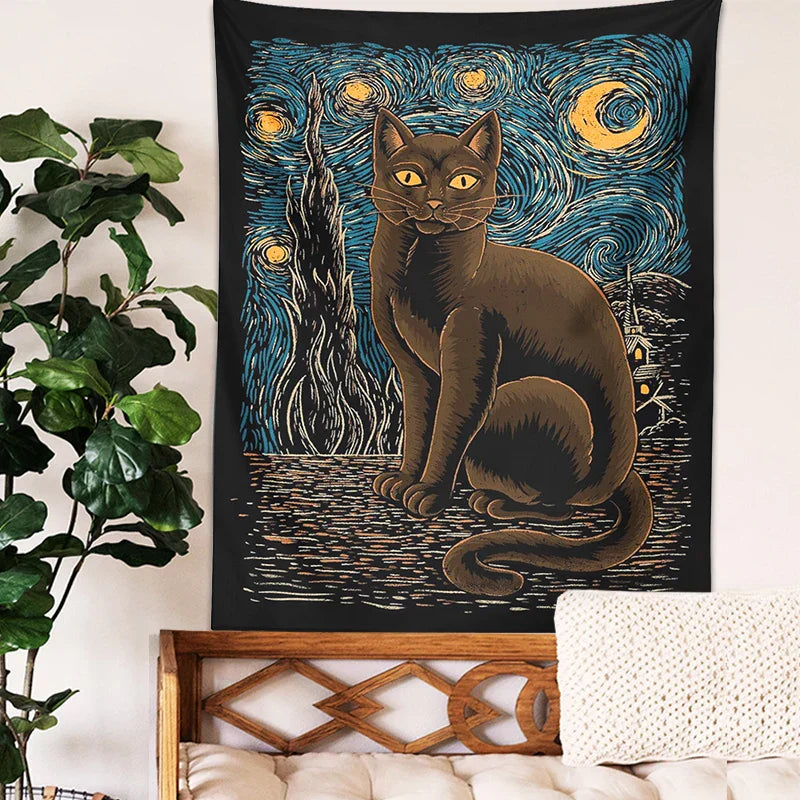 Decobites Starry Night Cat Tapestry: Van Gogh Inspired Mysterious Wall Decor