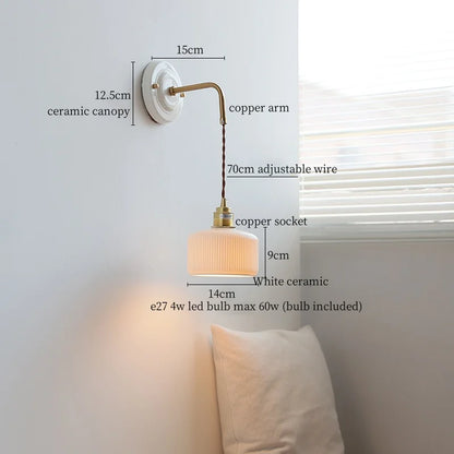DecorBites™ Ceramic Wall Sconce with Copper Arm | Pull Chain Switch LED Bedroom Lamp