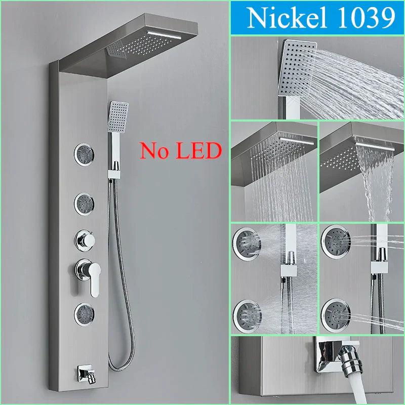 Panel de grifo de ducha DecorBites™ negro con LED, sistema de lluvia tipo cascada y caño de hidromasaje.