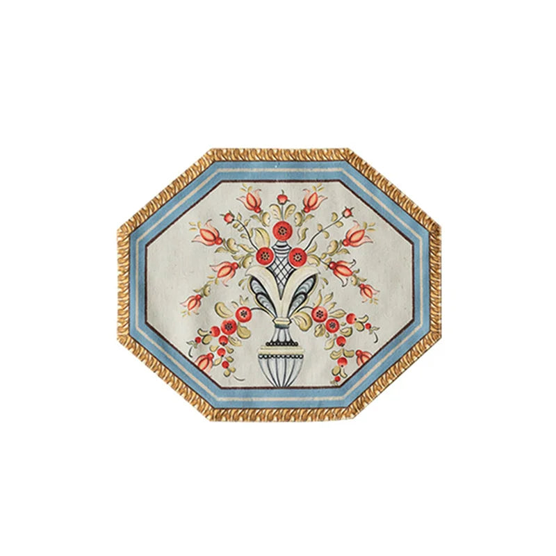 DecorBites™ Baroque Flowers Fringe Placemat Set- Luxury Cotton Linen Retro Hexagon Table Mats
