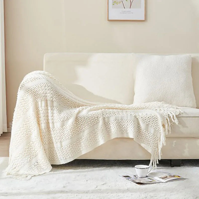DecorBites™ Knitted Tassels Blanket: Cozy Solid Color for Sofa, Bed, or Homestay