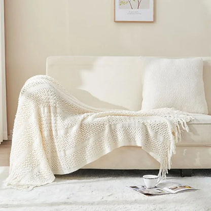 DecorBites™ Knitted Tassels Blanket: Cozy Solid Color for Sofa, Bed, or Homestay