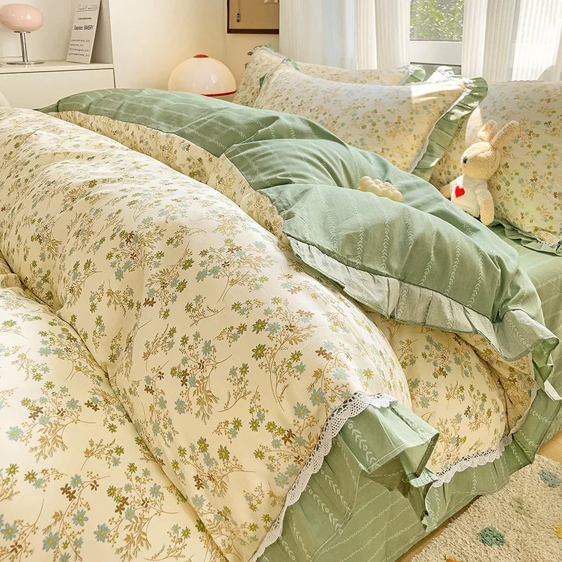 Decobites Floral Ruffles Bedding Set with Duvet Cover, Sheets, and Pillowcases